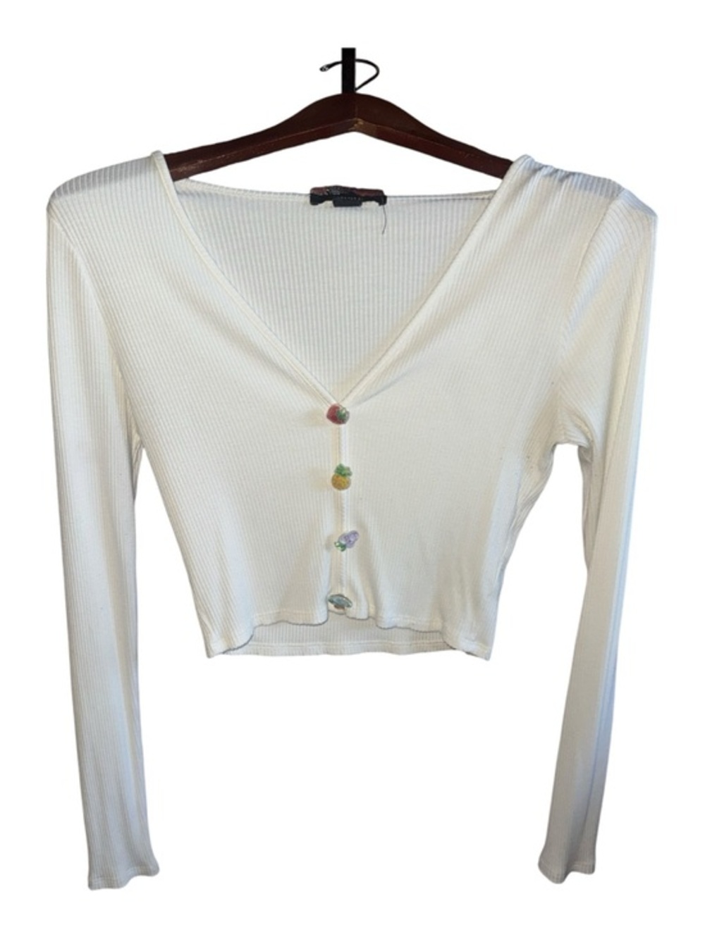 Ribbed V-Neck Cropped Long Sleeve Top White With Fruit Embellishment Size Small